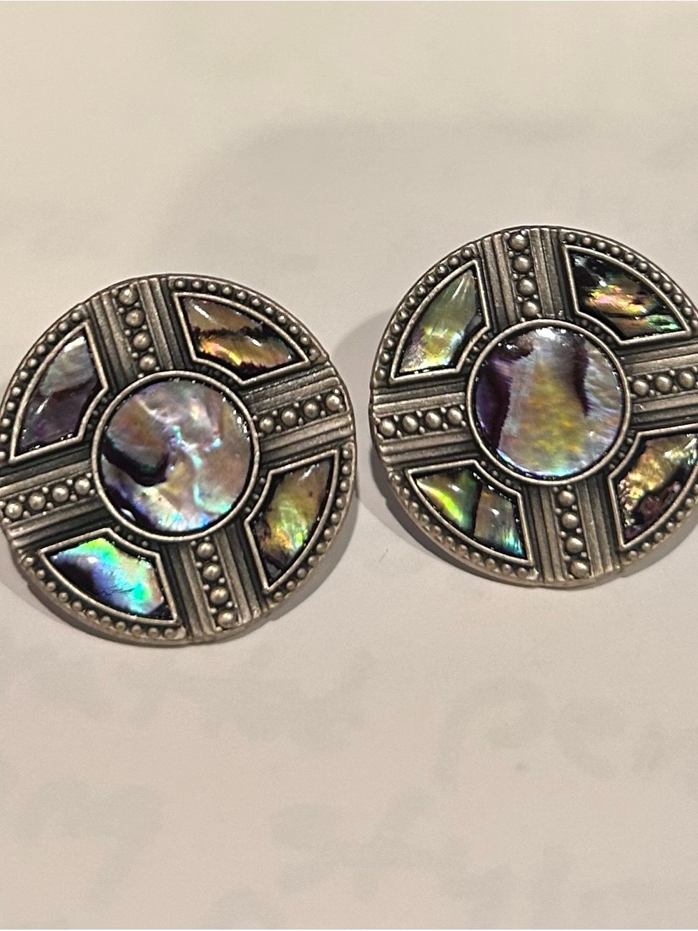 Vintage Nuri Round Abalone Inlay and Marcasite Stud Errings